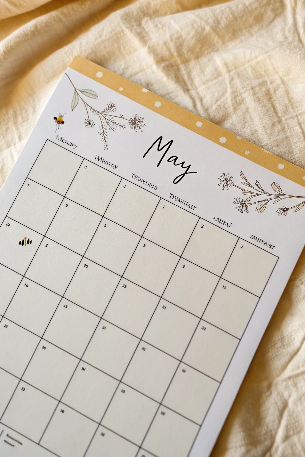 Minimalist May calendar header with bees and blossoms, dotted flight paths, calm boho vibes.