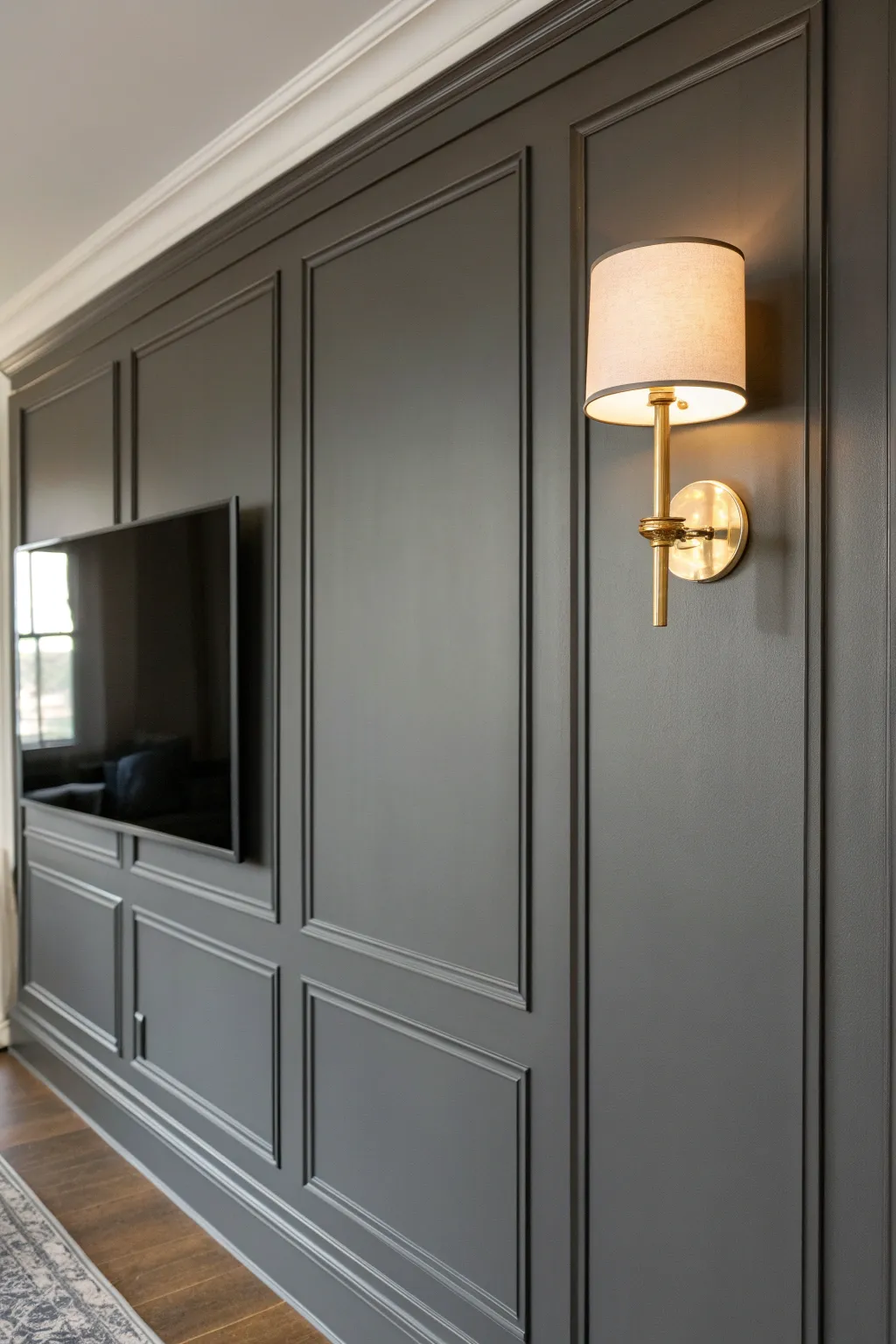 Matte flat-finish walls soften lamp light for a cozy, no-glare media room setup.