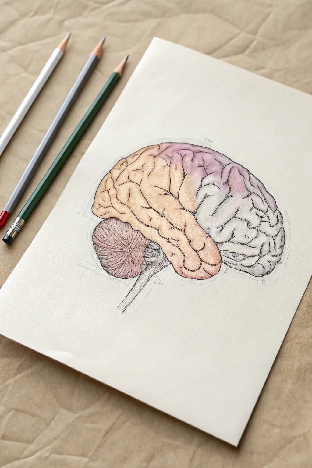 Layered colored pencil brain study with soft value shifts and tidy marks for a calm study page