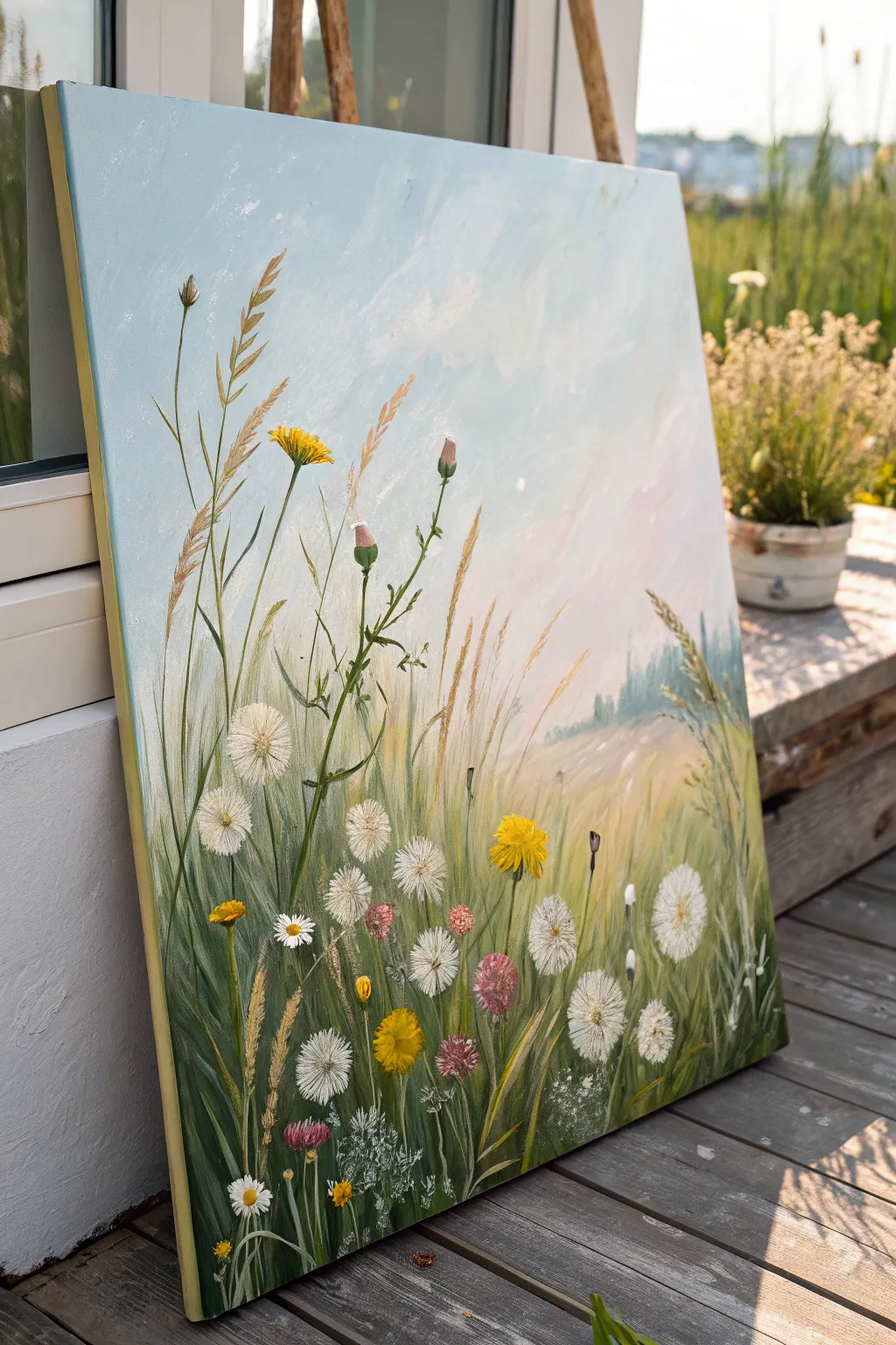 Wildflower meadow dabs on a medium canvas, airy greens and pastel blooms for easy painting
