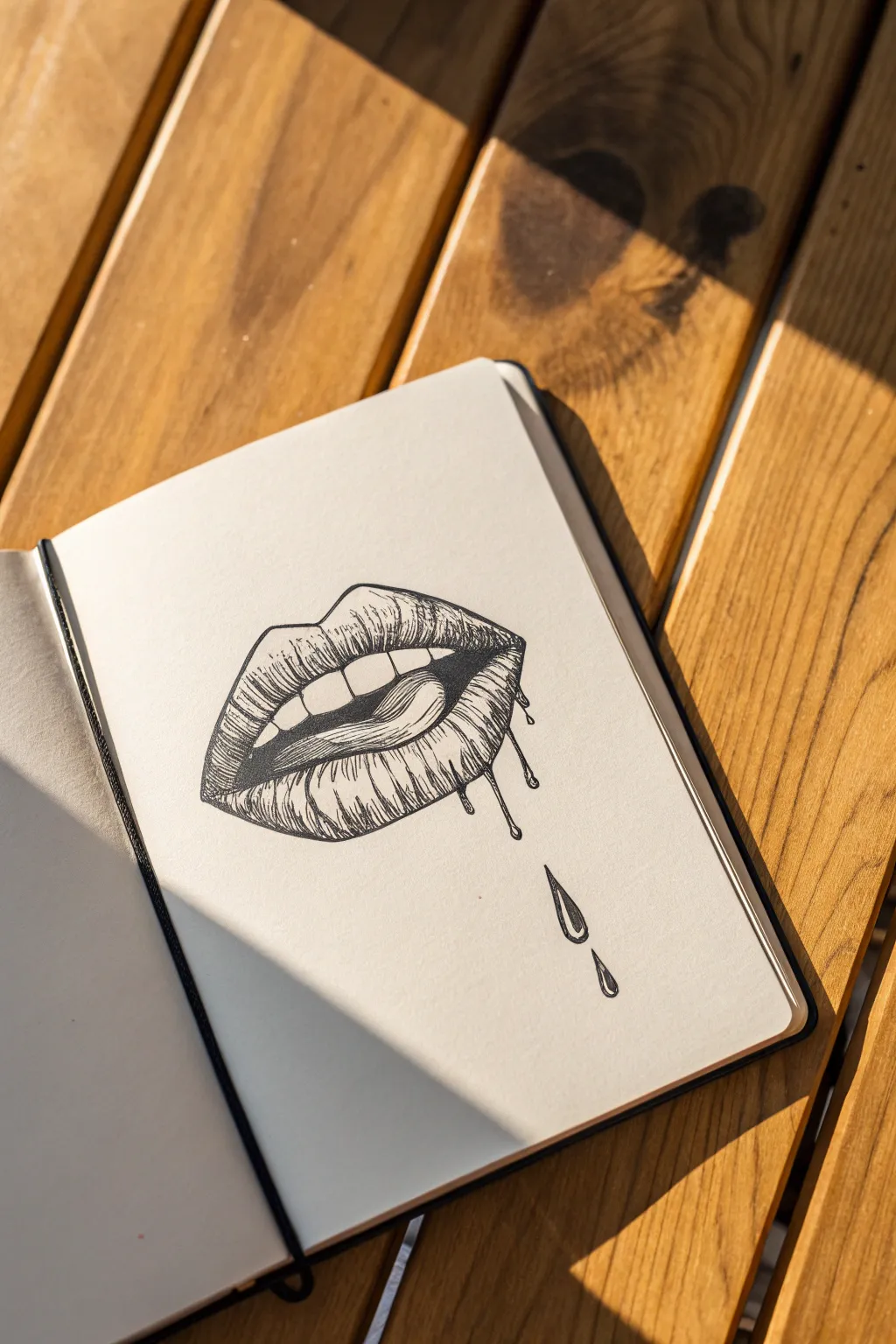 Minimalist melting smile sketch with dripping teeth, bold contrast and a softly surreal vibe