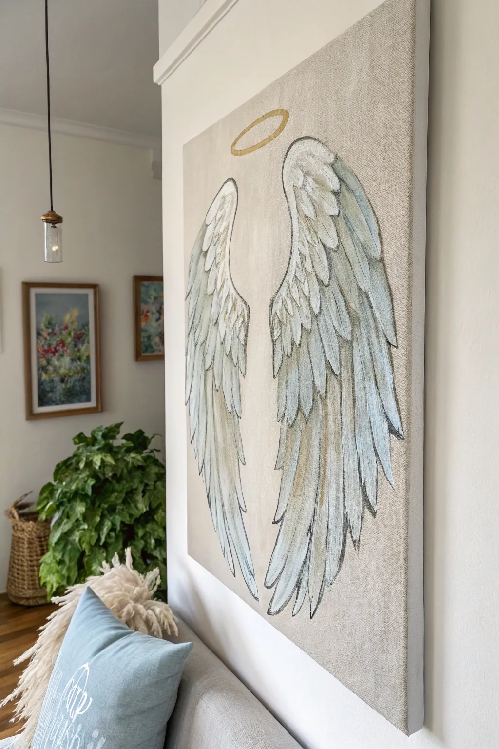 Minimalist memorial canvas with soft angel wings framing a centered tribute, calm and timeless