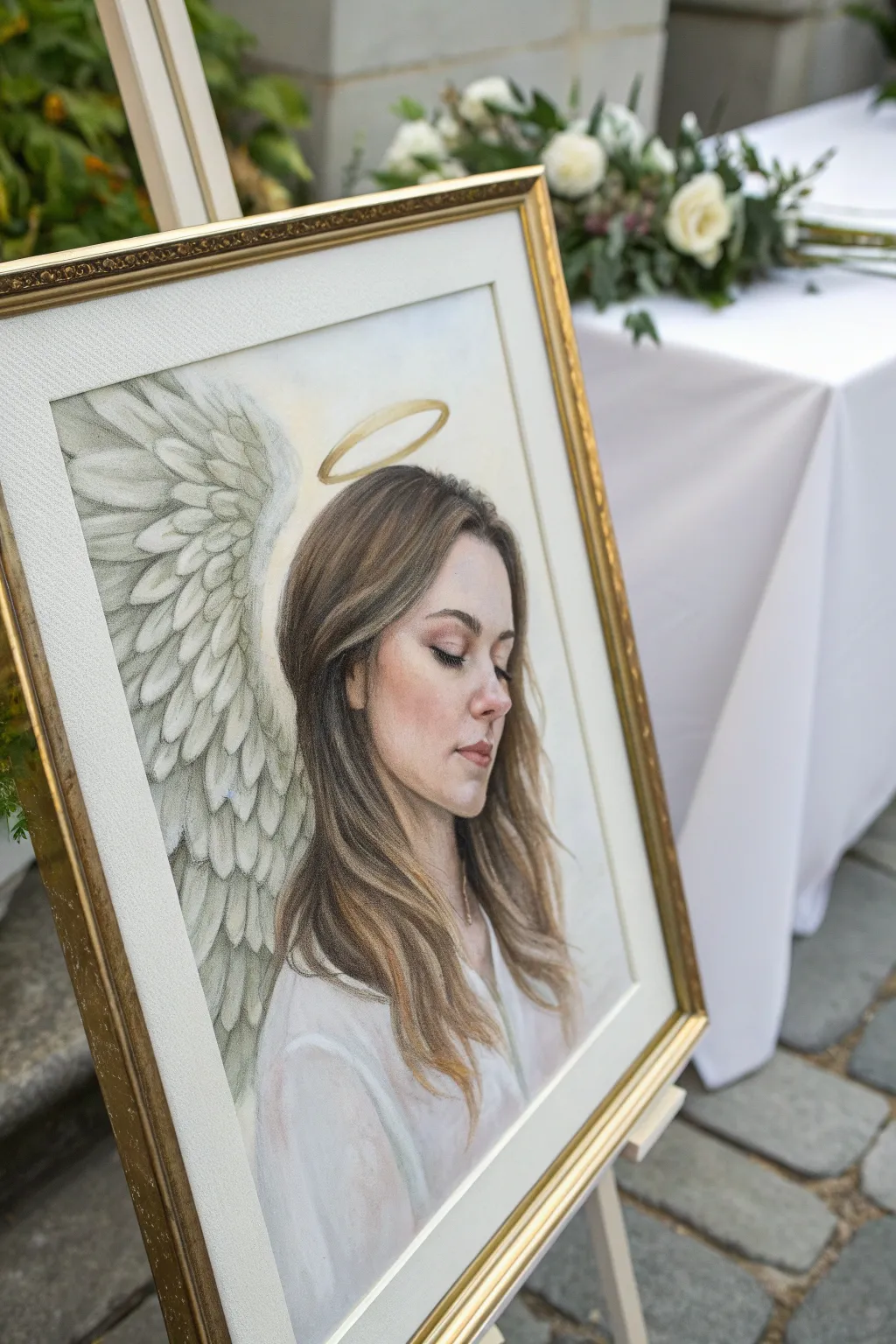 Soft angel wings and a gentle halo glow turn a simple portrait into a comforting memorial piece.