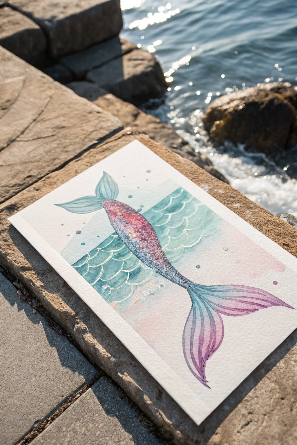 Wet-on-wet watercolor mermaid tail in teal, violet, and blush with crisp white sparkle highlights