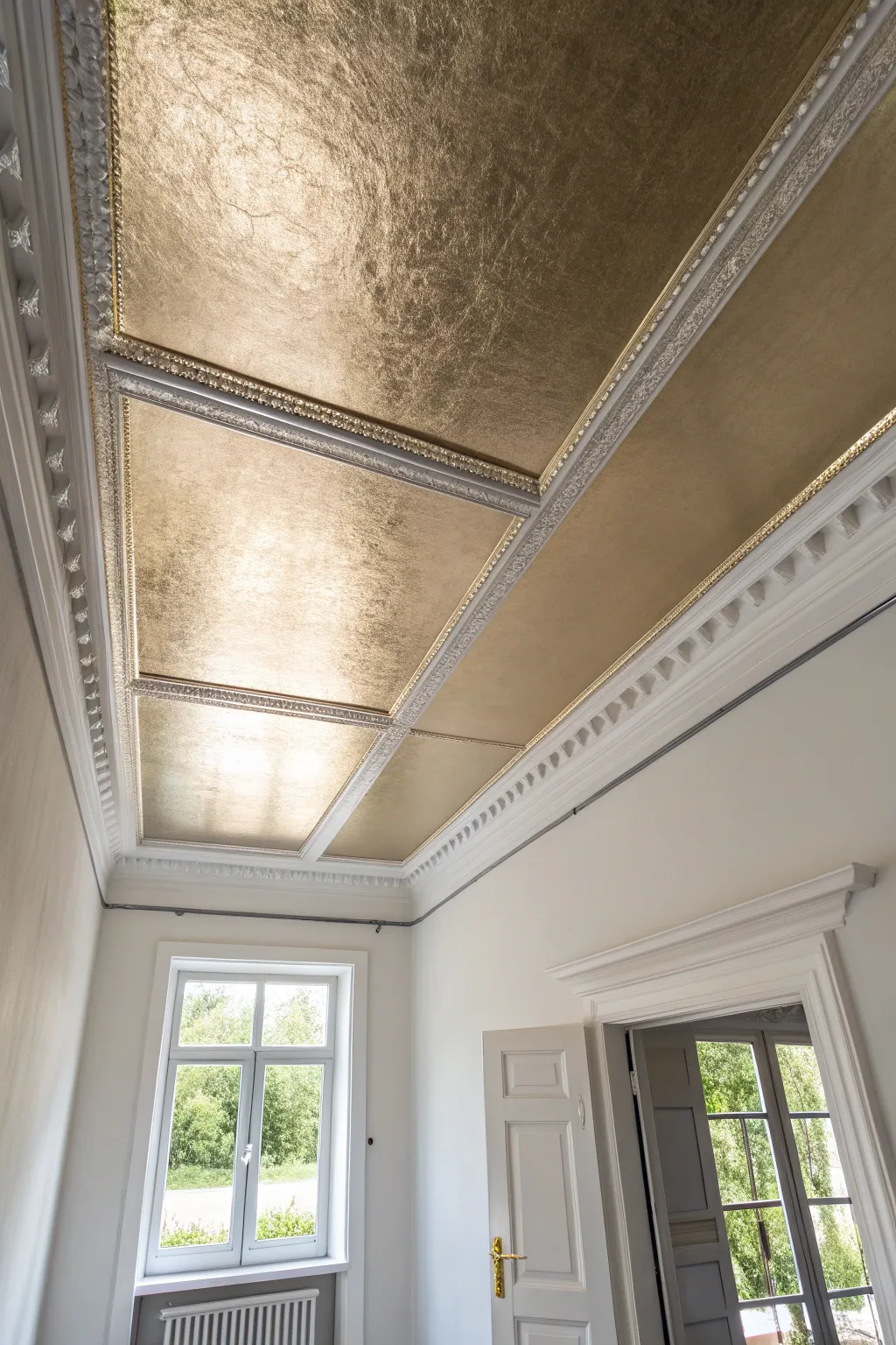 Metallic ceiling glow turns the fifth wall into a soft, bright, minimalist statement.