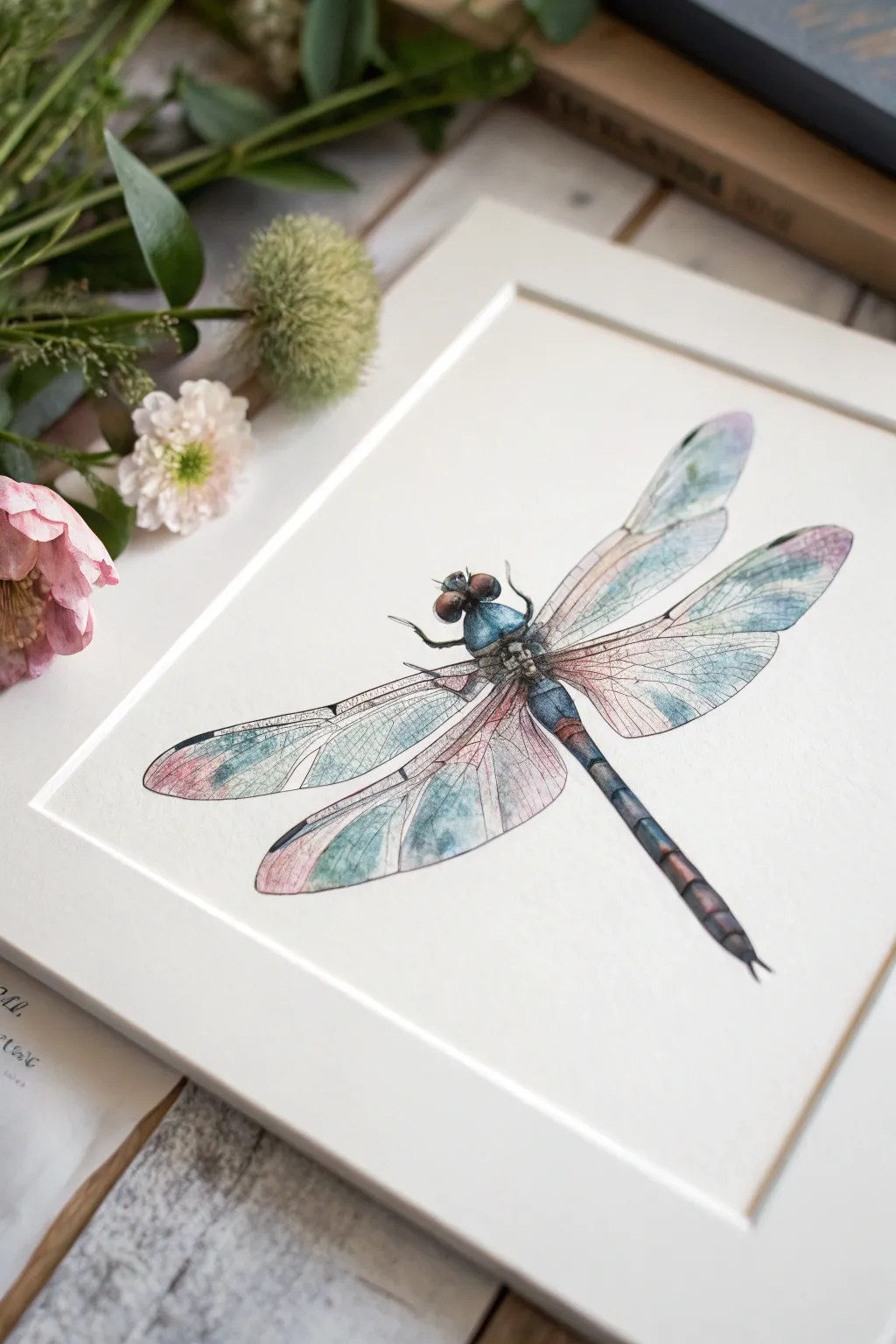 Dragonfly wings with translucent washes and iridescent metallic shimmer in a clean minimalist style.