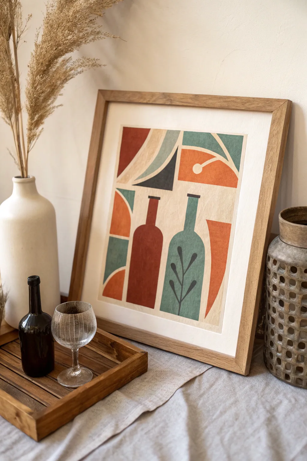Bold mid century abstract bottles and glass in earthy retro hues, minimalist with boho warmth.