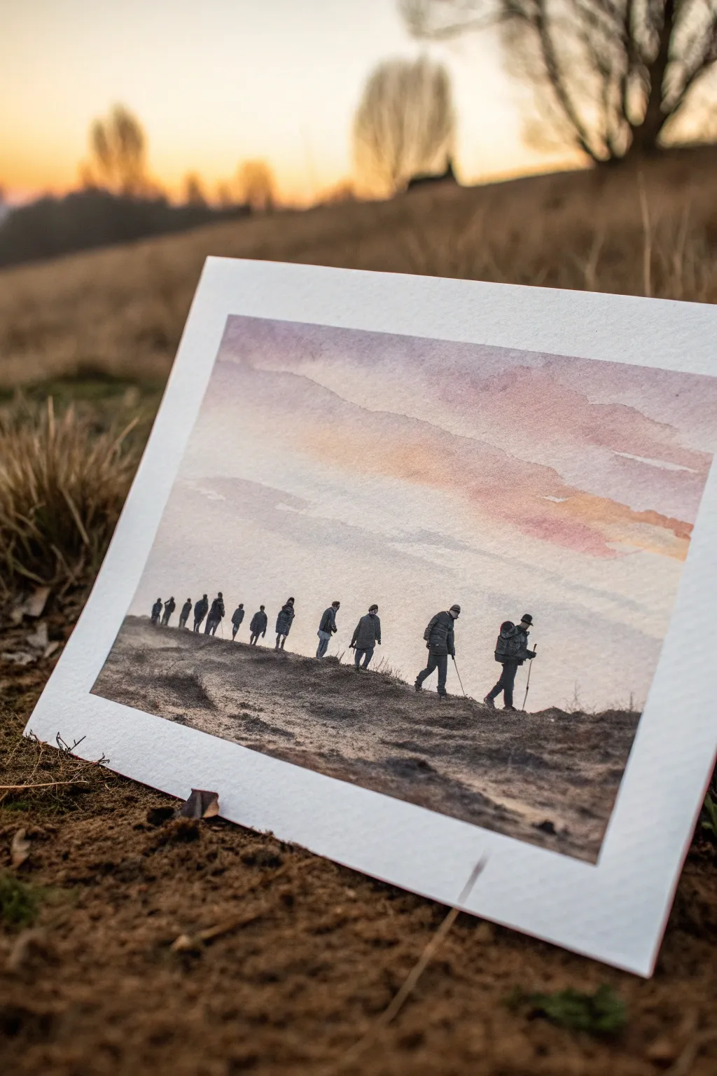 Warm sky and dusty haze behind minimalist soldier silhouettes walking in quiet ridge-line formation.