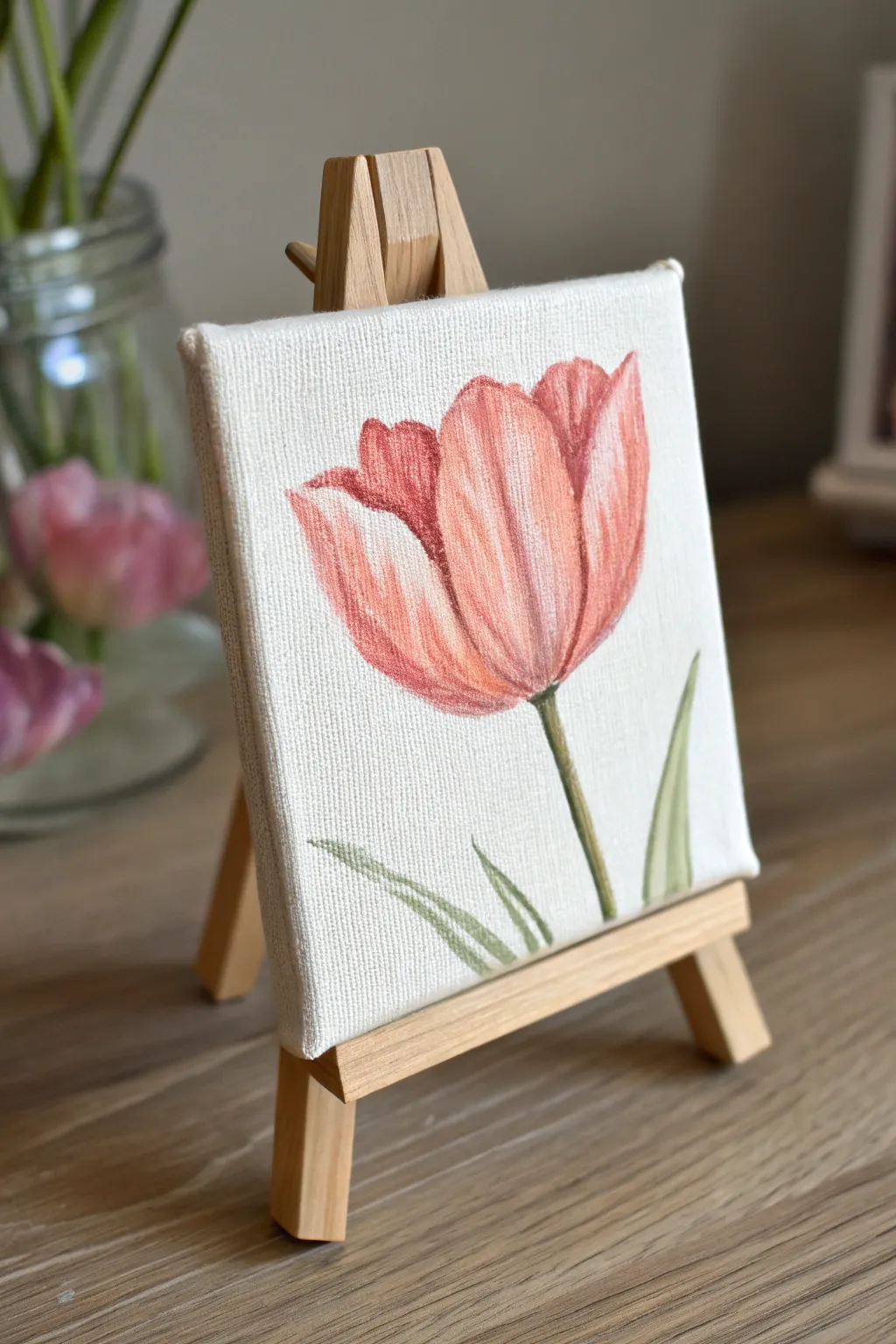 Mini canvas idea: bold tulip close-up on a calm sage background, simple, feminine, and clean.
