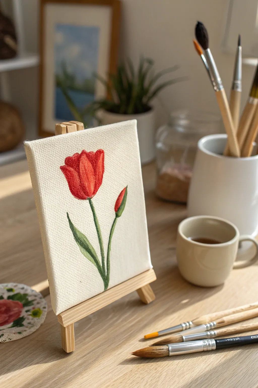 Capture natural beauty with this elegant single tulip mini canvas painting idea.