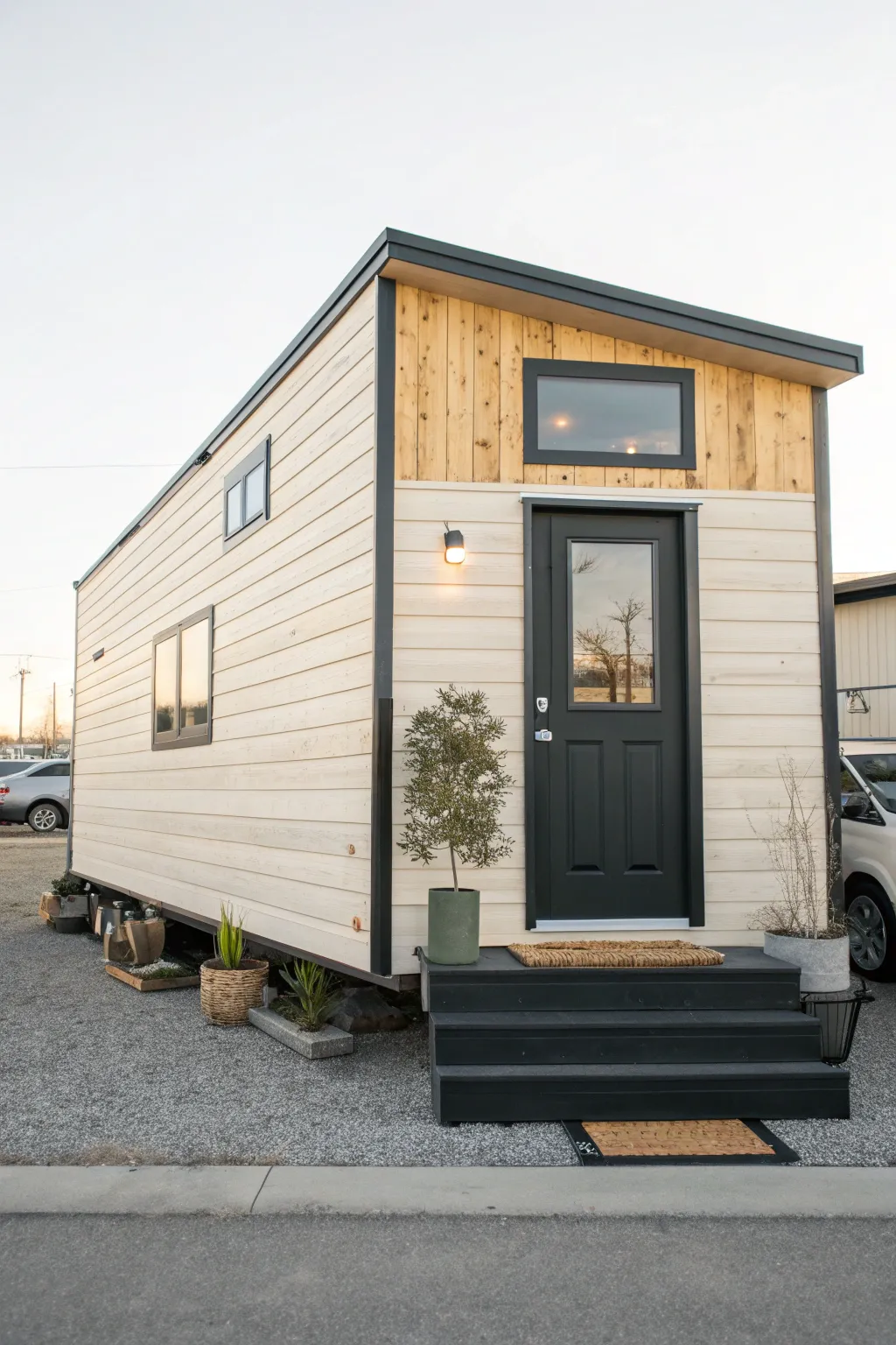 Two-tone mobile home paint: light siding with dark skirting for grounded, modern depth.