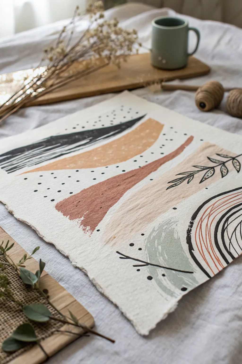 Energetic abstract marks on crisp white paper, minimalist boho palette with breathing room.