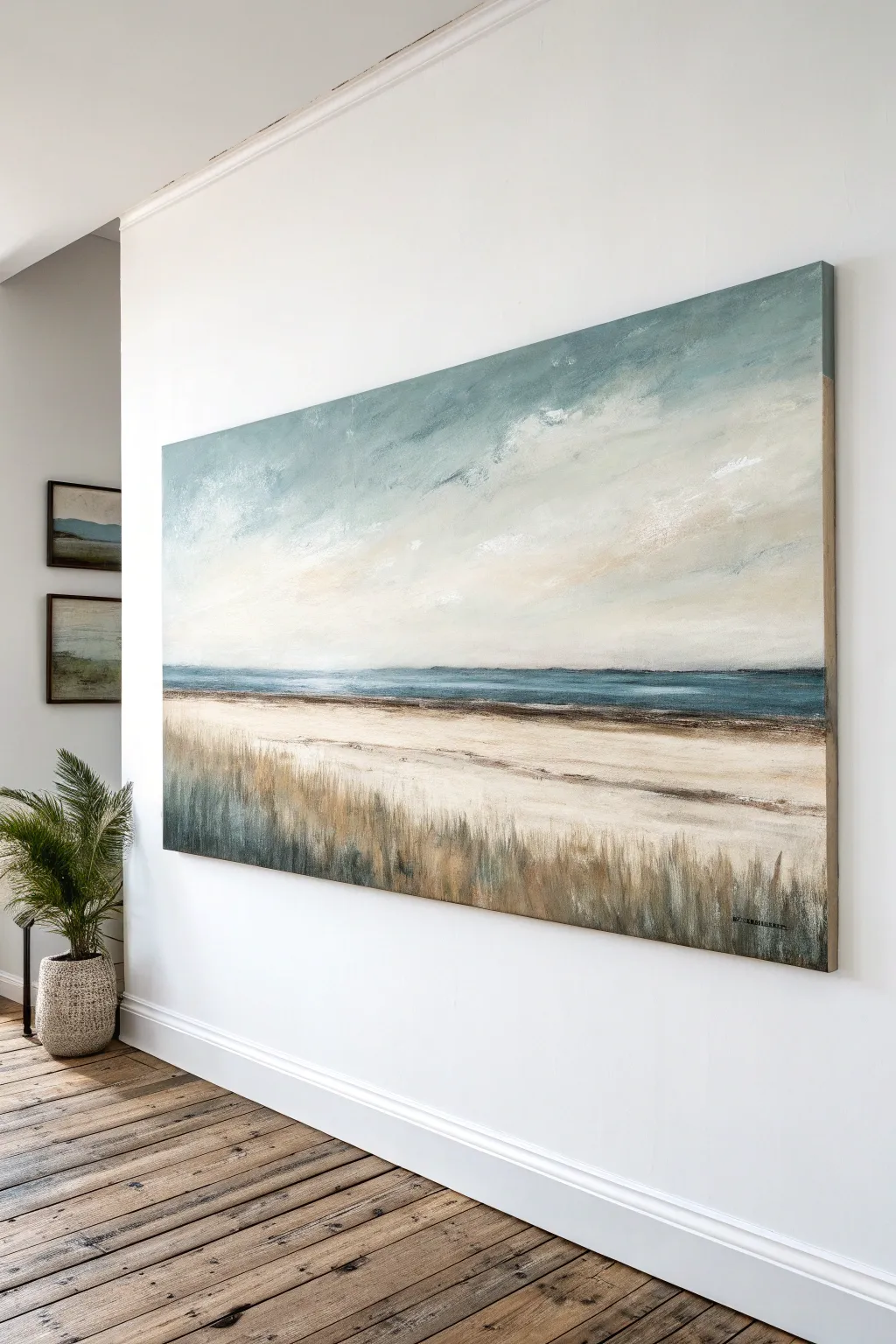 Panoramic abstract landscape with a low horizon, calm Scandinavian tones and bold contrast.