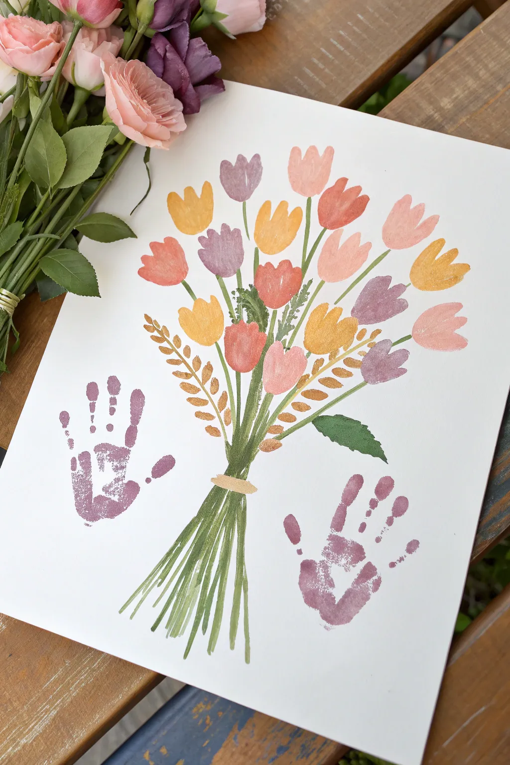 DIY handprint flower bouquet painting keepsake, sweet minimalist boho idea for moms birthday