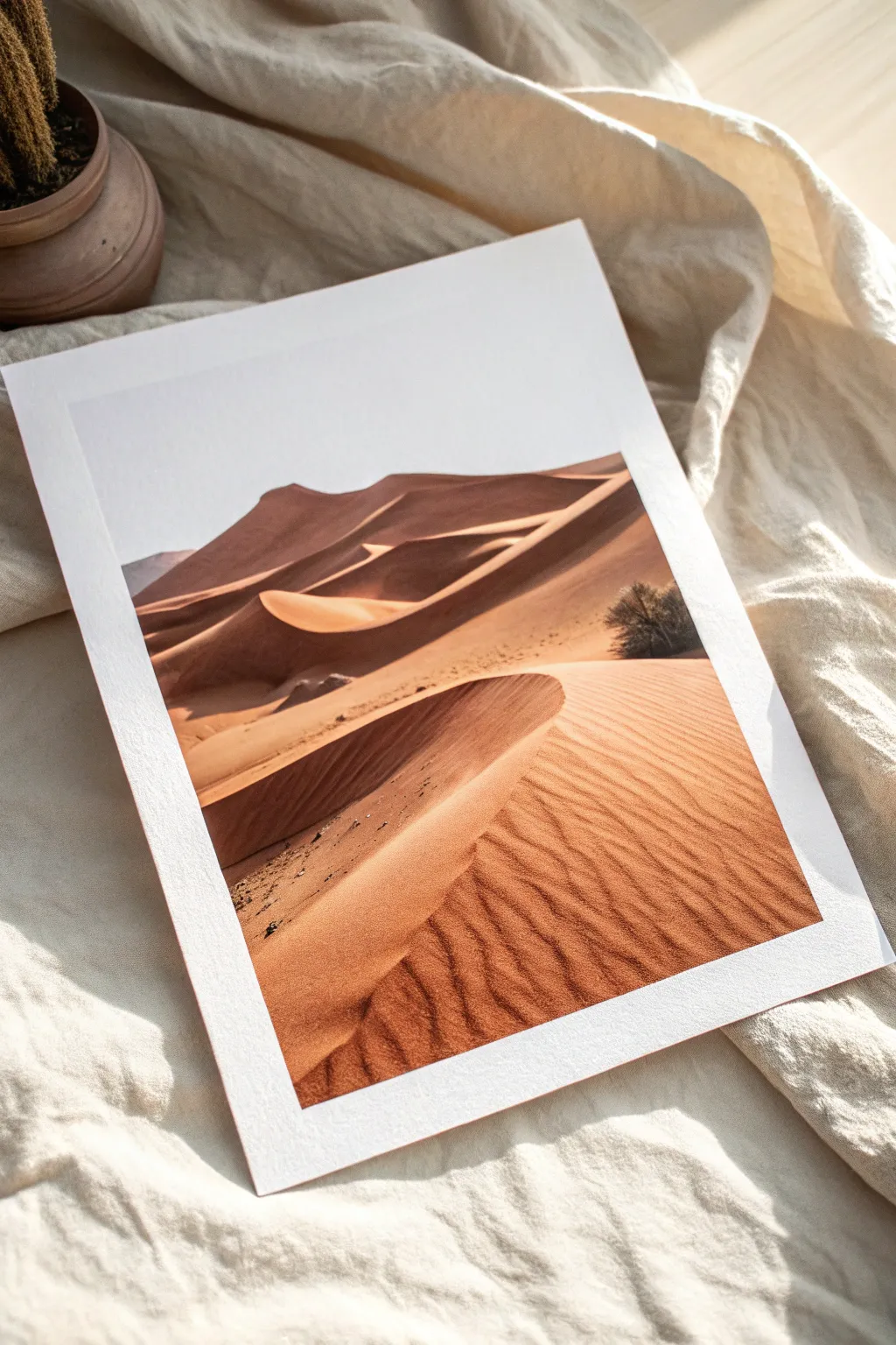 Monochrome desert dunes in warm clay tones, crisp shadows carving elegant minimalist curves.