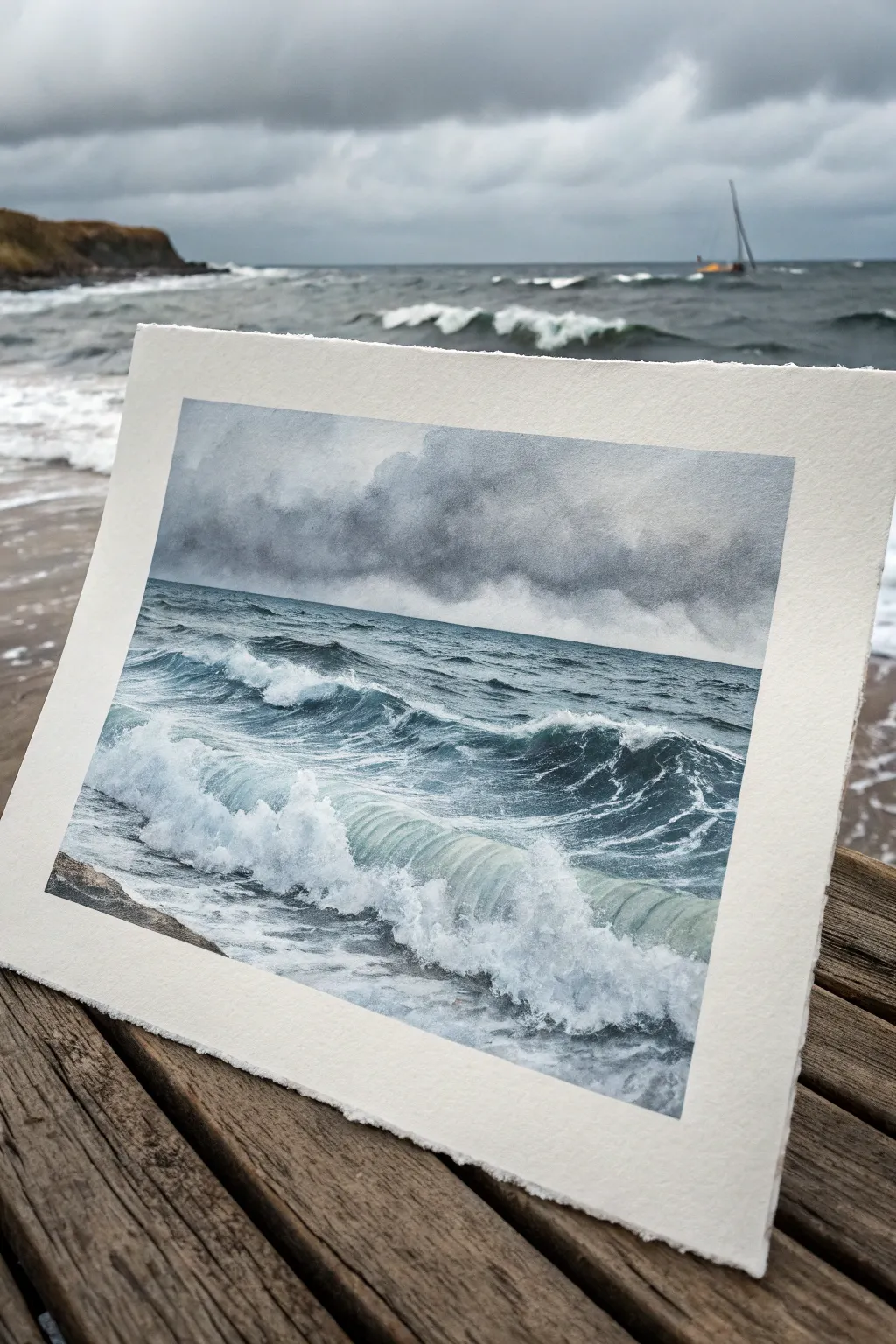 Stormy gray ocean study with foamy waves, bold contrast, calm minimalist palette.