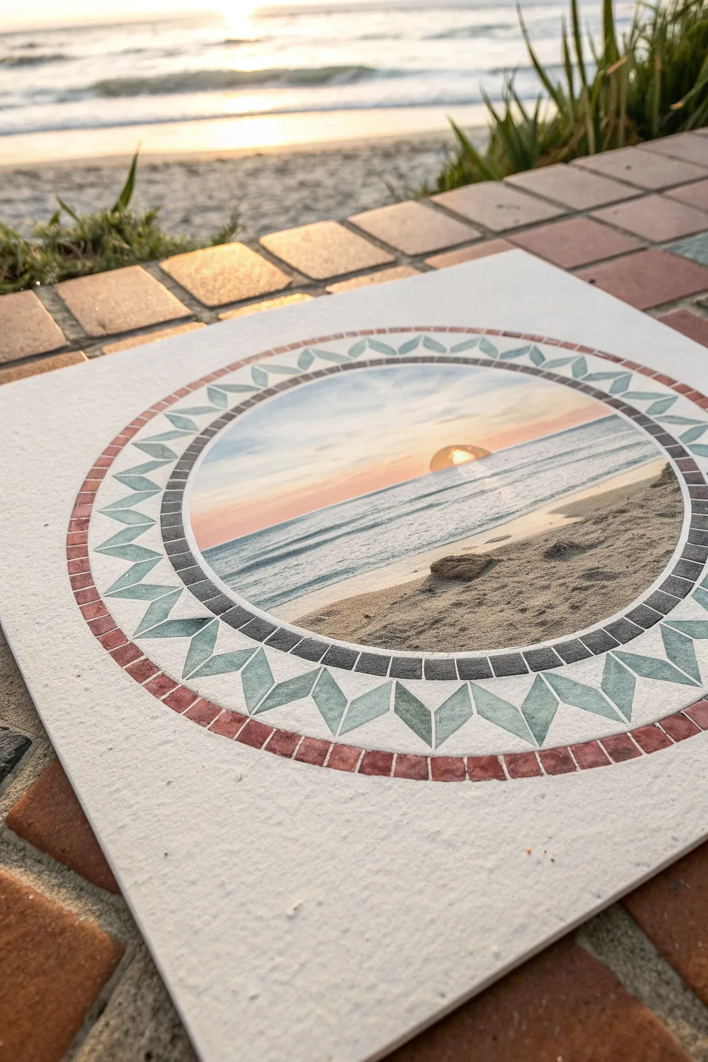 Minimal circle medallion mosaic: beach sunset center with geometric tile border, clean and calm.