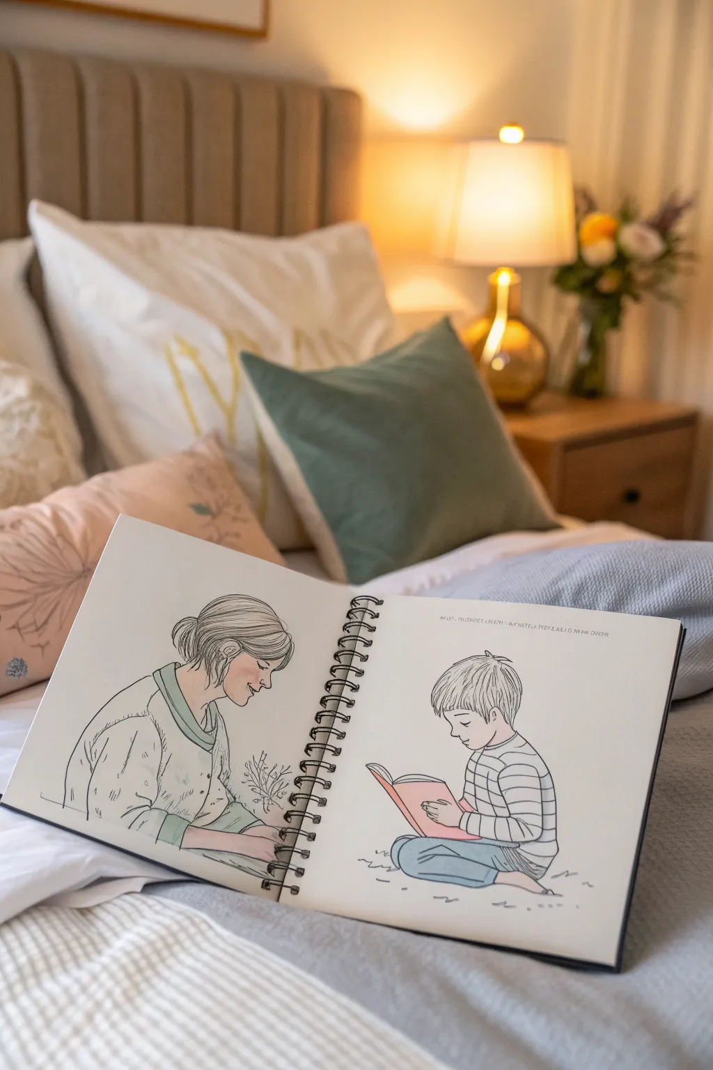 Cozy bedtime story sketch idea: mother and son reading in warm lamplight, soft minimal lines