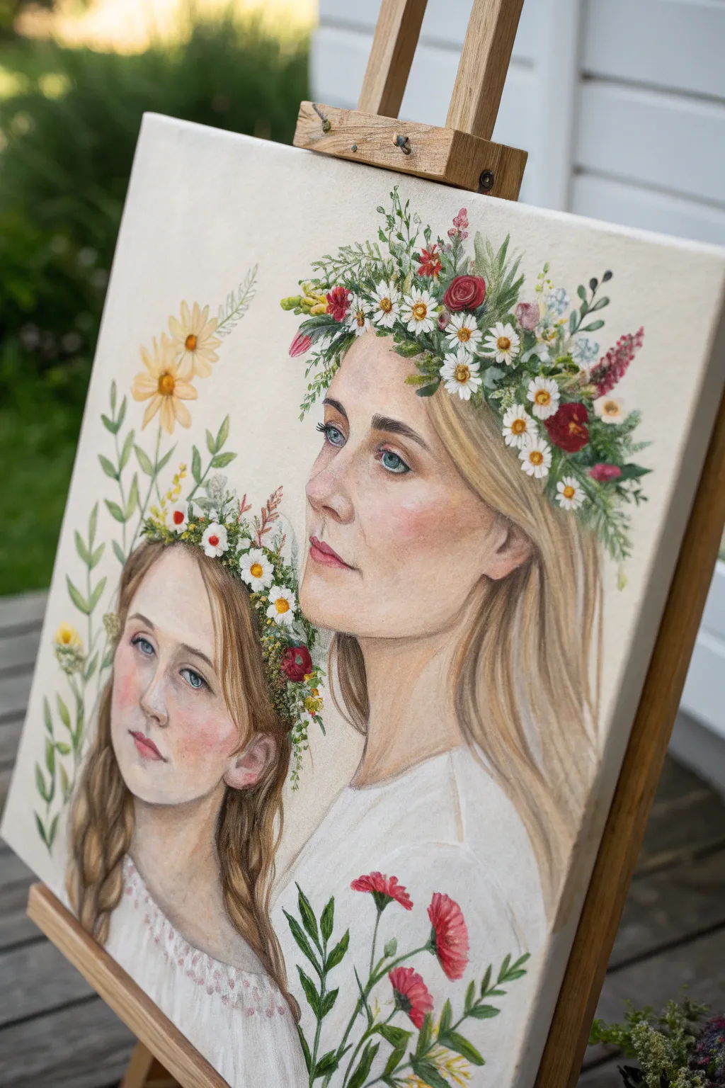 Wildflower crown portrait on canvas, a sweet minimalist mother and daughter painting idea