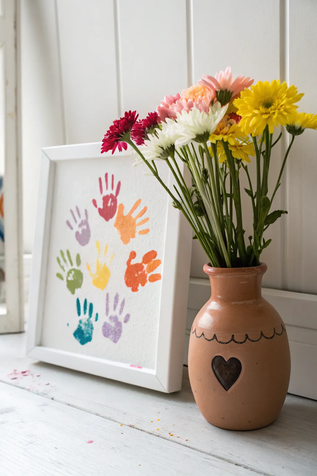 Toddler handprint flower bouquet on canvas, minimalist Scandinavian boho style for Mothers Day