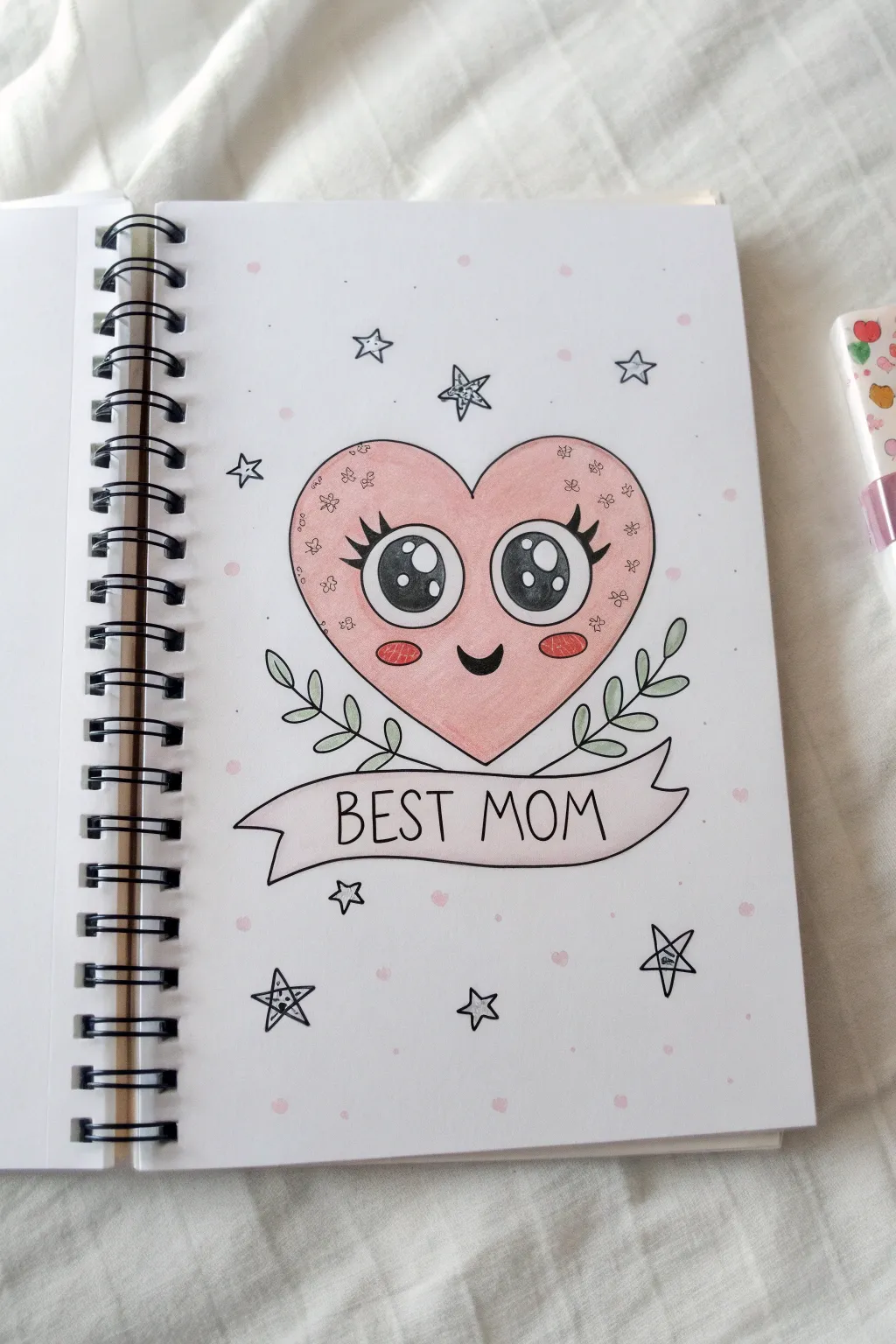 Sweet kawaii heart with Best Mom banner, drawn in soft pastels and clean lines for Mothers Day.