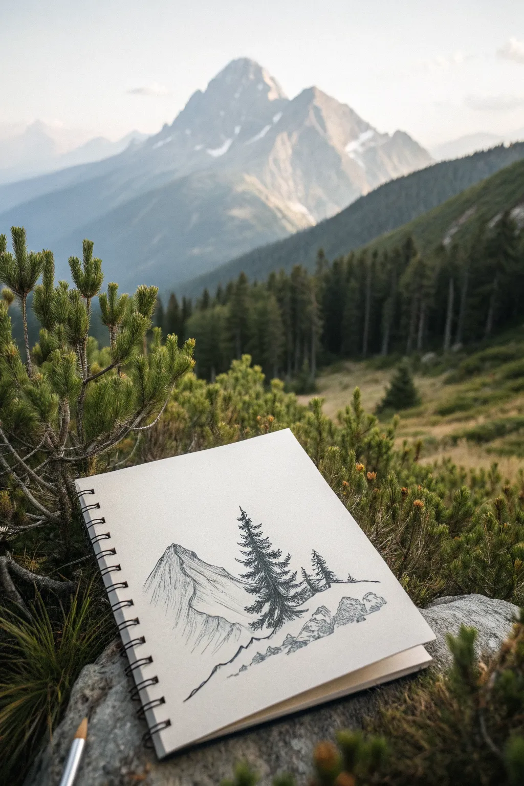 Tiny pine silhouettes in front of a textured mountain add instant scale to your sketch.