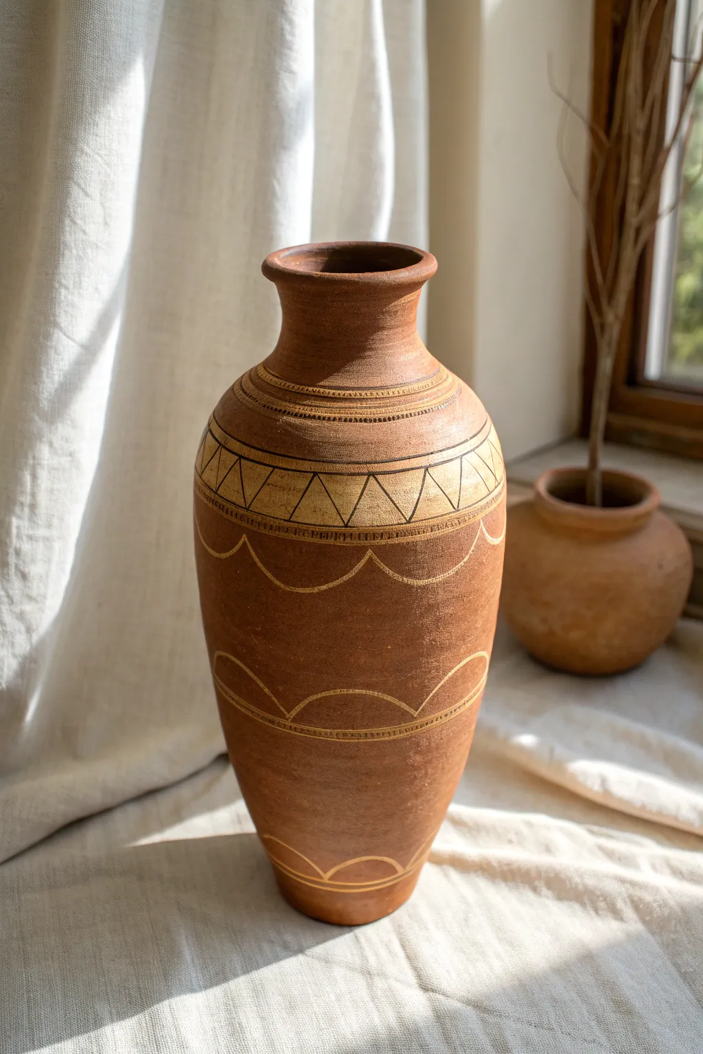 Terracotta mud vase with minimal gold-look line accents for an earthy yet elegant contrast.