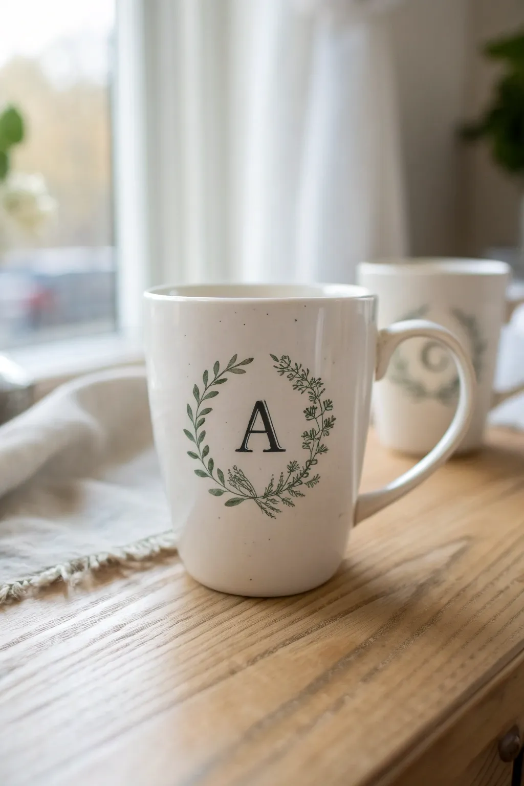 Minimal monogram mug with delicate border, perfect for a chic matching set and easy DIY painting
