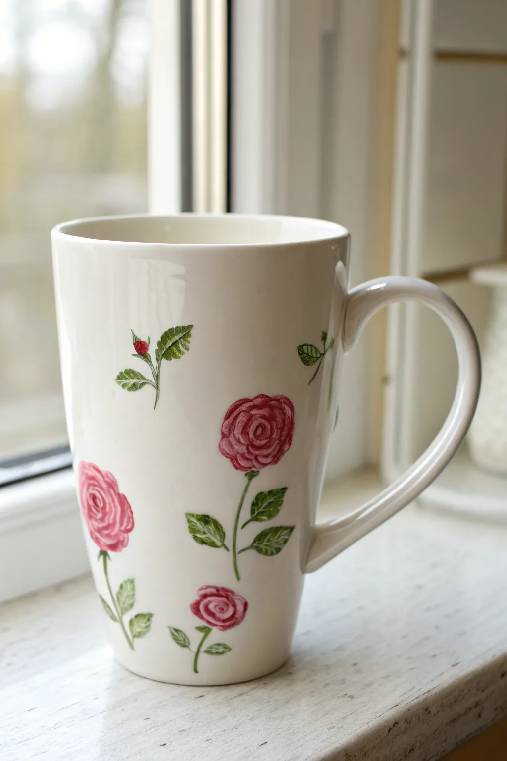 Simple rosebud clusters with tiny two-tone leaves, perfect for an elegant minimalist mug.