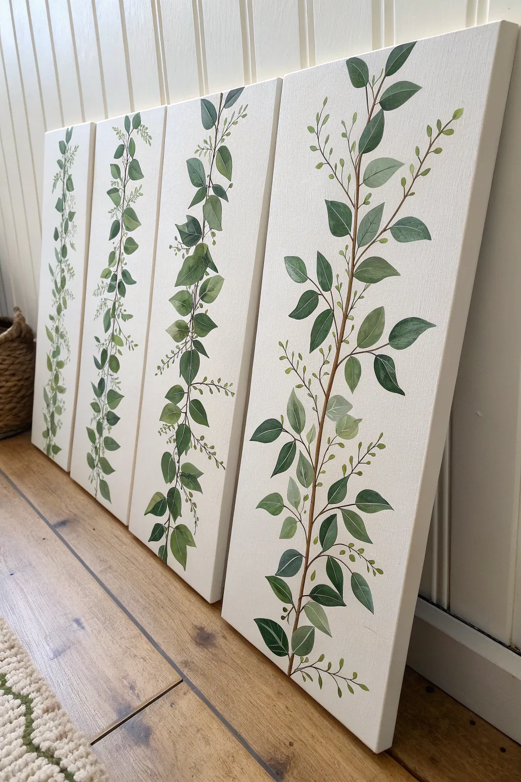 Botanical vine spanning four canvases, minimalist Scandinavian palette with a soft boho touch