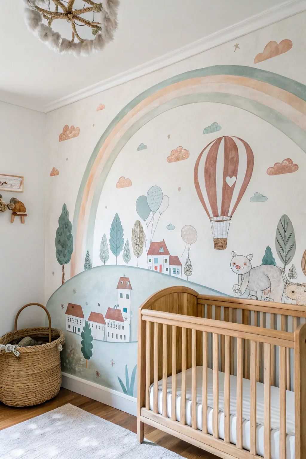 Soft storybook nursery mural with balloons and tiny village, Scandinavian minimal boho charm.