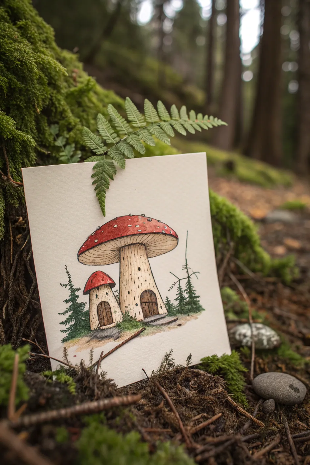 Mossy forest floor mushroom house drawing idea with soft greens, twigs, ferns, and cozy contrast
