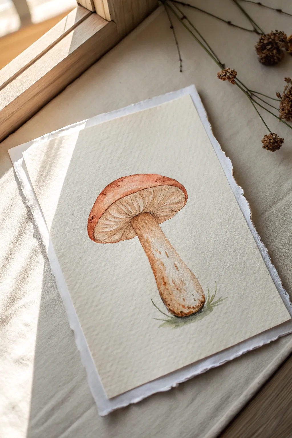 Loose gill lines made easy: a minimal underside mushroom study in soft earthy tones.