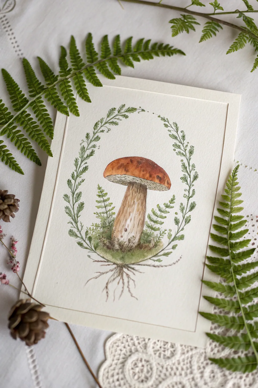 Delicate mushroom watercolor framed by ferns and vines, minimal boho contrast for your sketchbook.