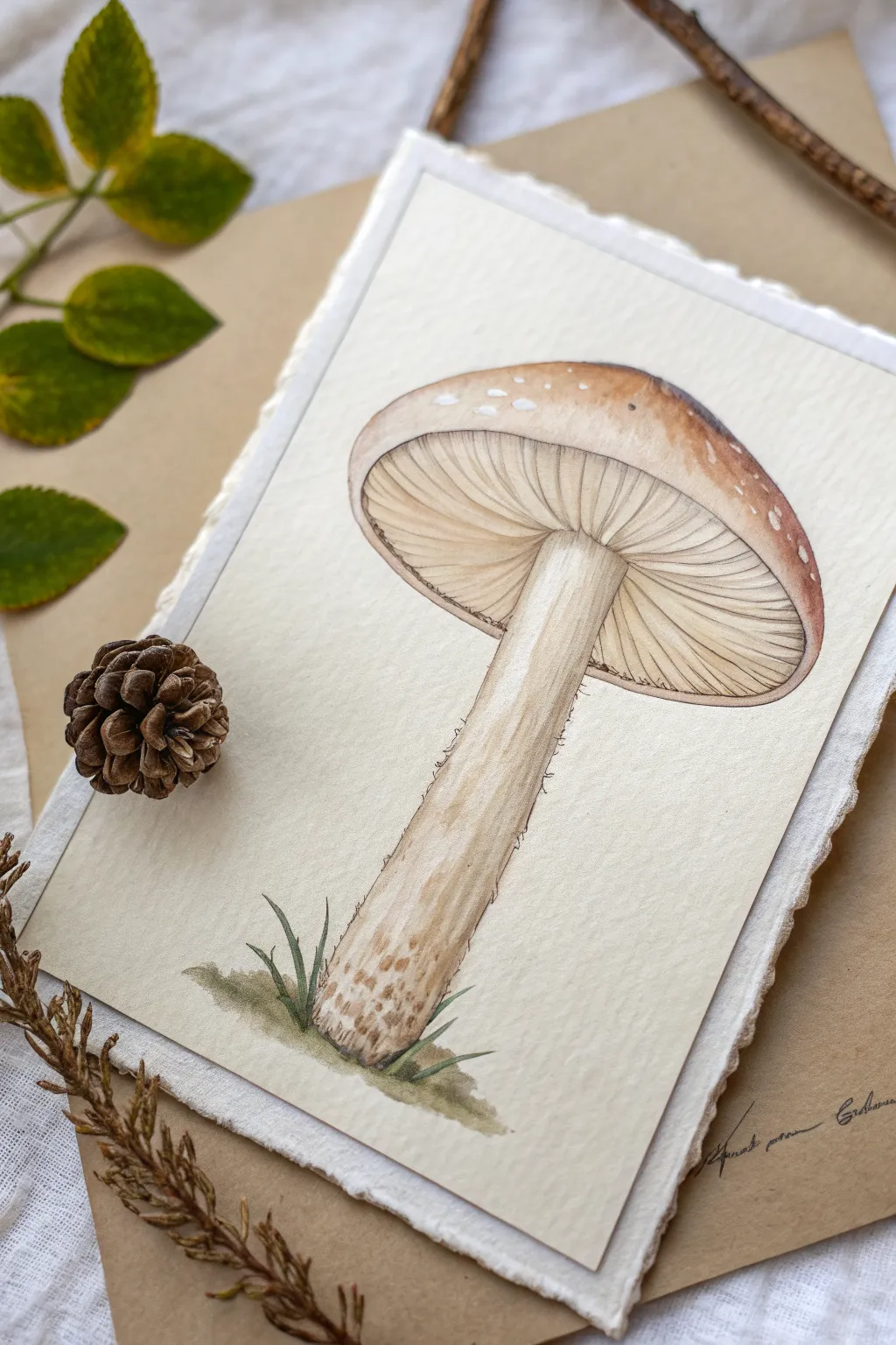 Glassy eyeball-cap mushroom drawing idea with minimalist Nordic vibes and eerie wet reflections