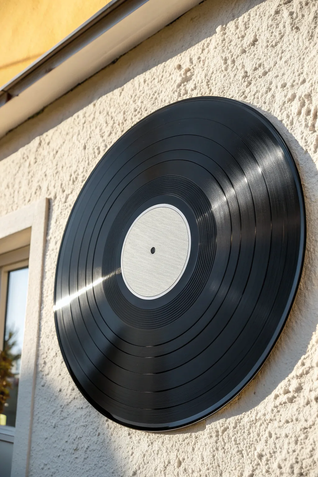 Oversized vinyl record wall art with crisp groove rings, high contrast, and warm minimalist boho tones