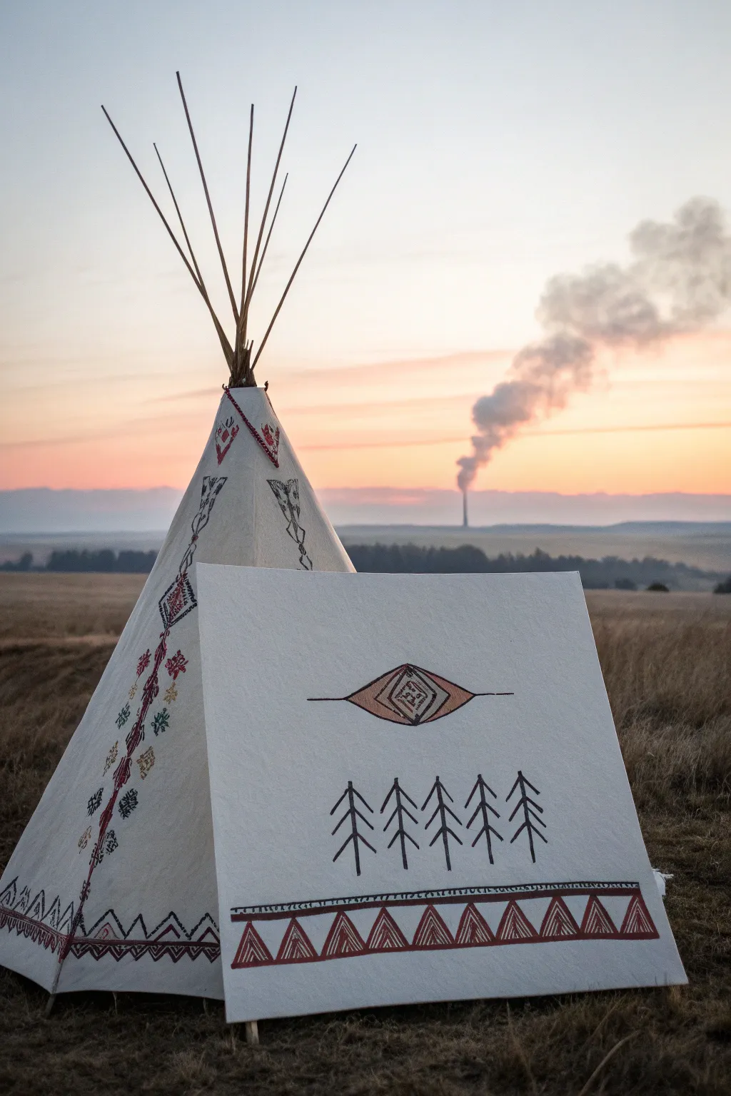 Minimal sunset tipi silhouette with geometric bands and soft smoke, a calm native drawing idea.