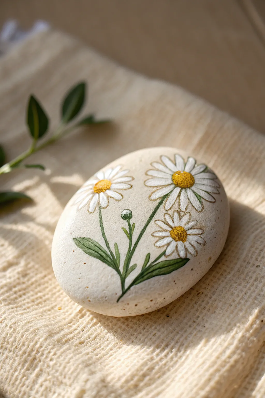 Simple daisy cluster rock painting on a smooth pebble, bright and calm Scandinavian boho vibe.