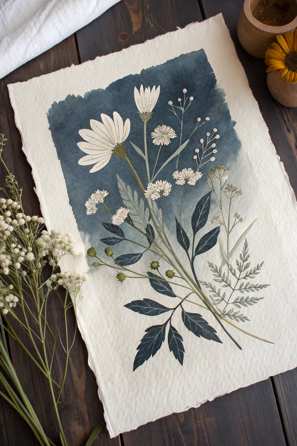 Loose wildflower bouquet in negative painting, glowing light shapes against a moody dark wash