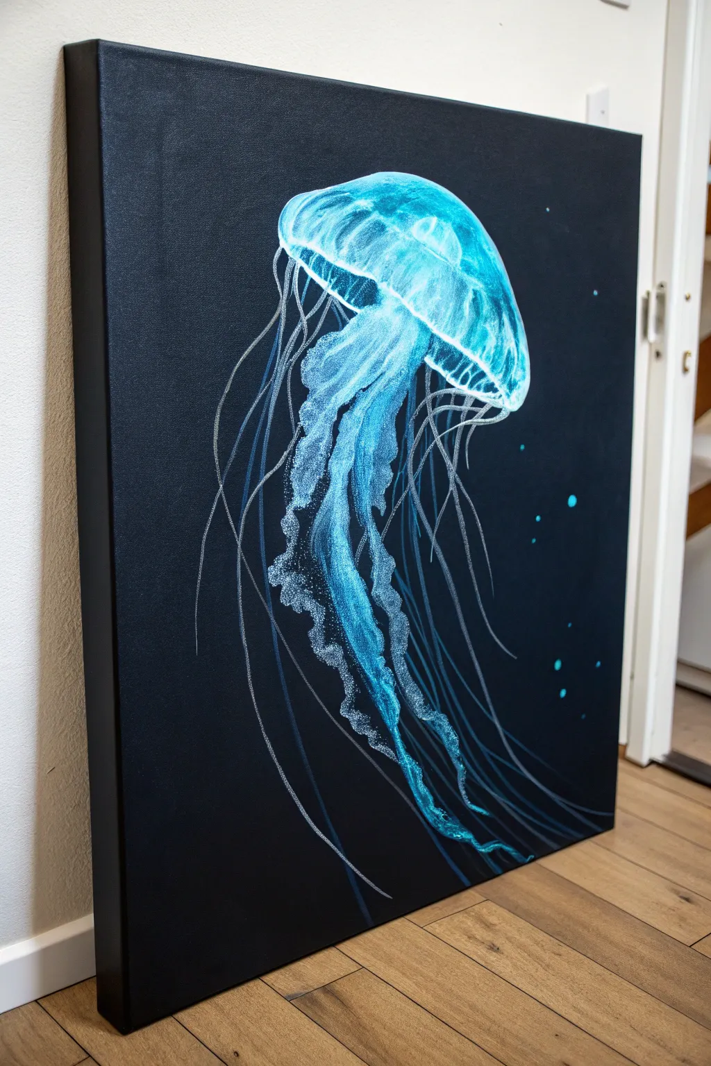 Create a magical atmosphere with this ethereal neon jellyfish painting glowing in electric blue.
