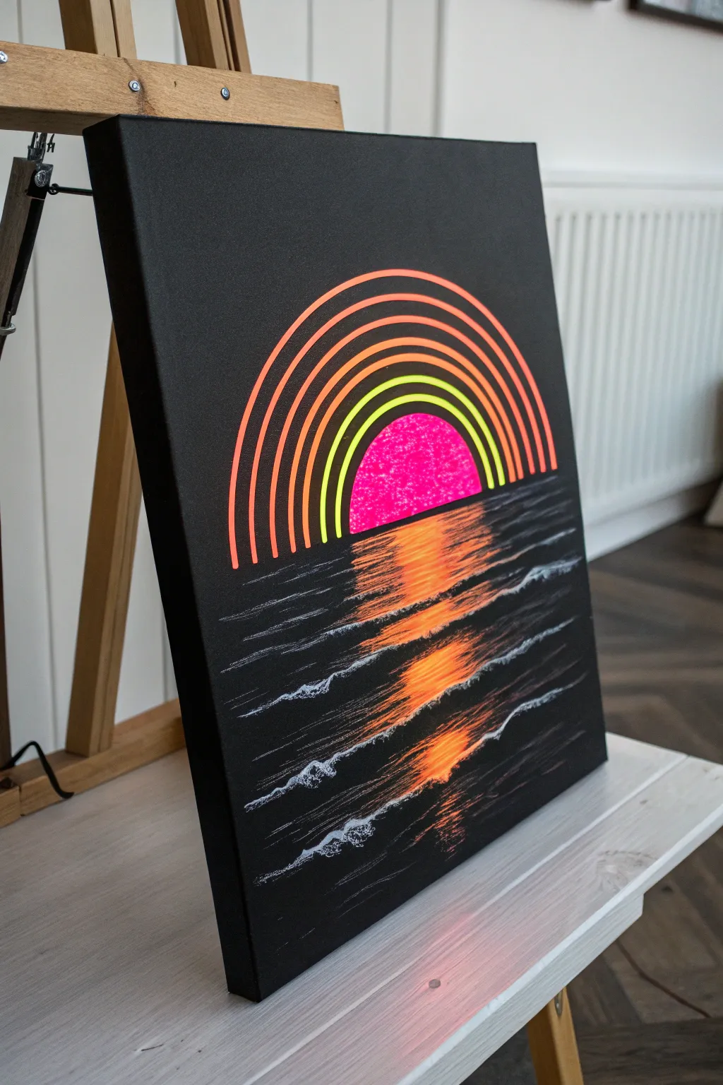 Concentric neon sunset rings glowing over a black ocean with crisp mirrored reflections