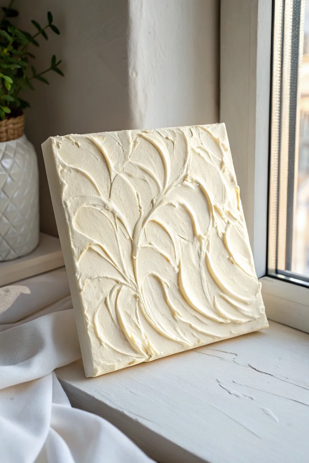 Cream-on-cream impasto swirls with sculptural texture, soft neutrals, and calming side light.