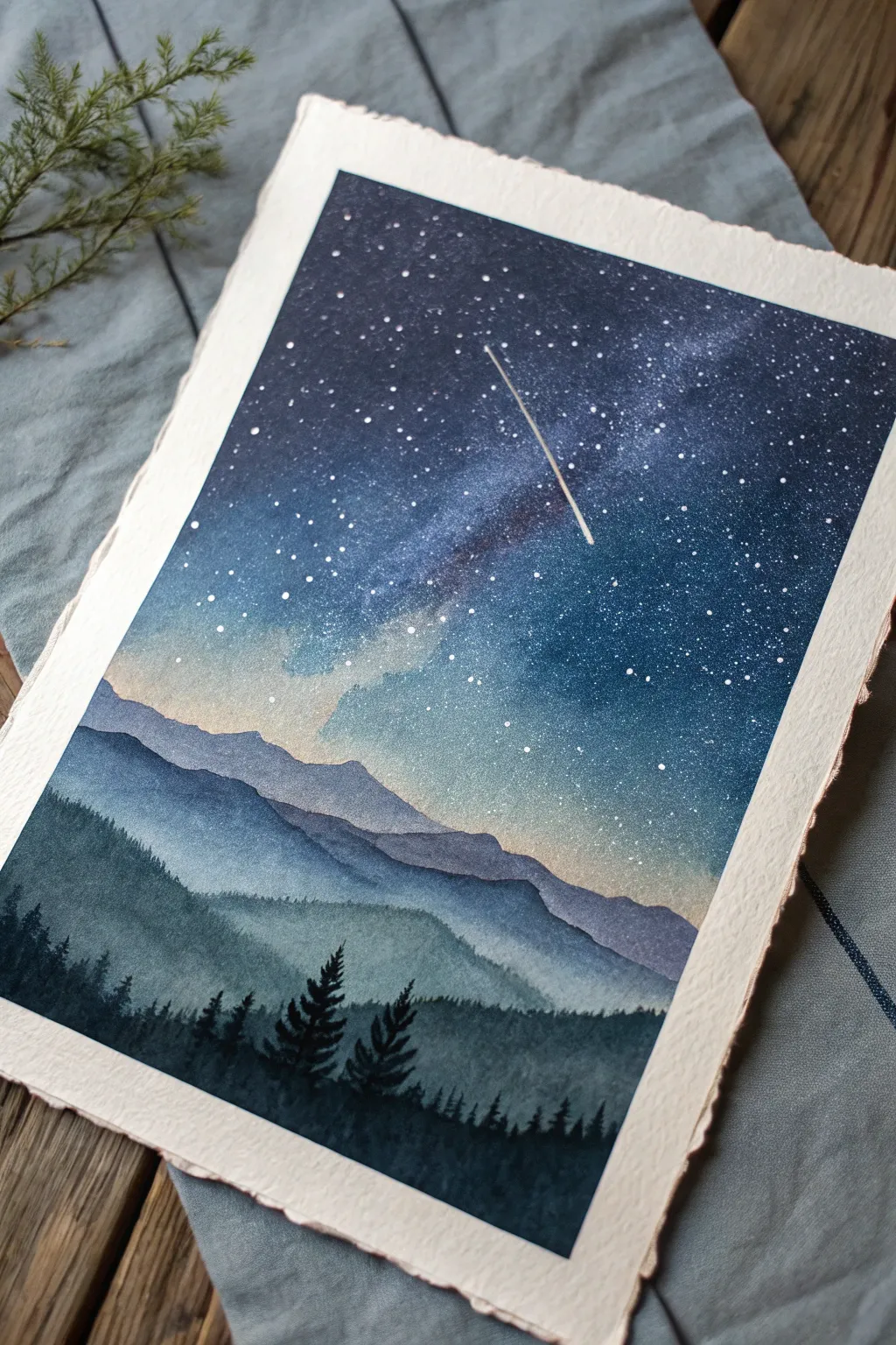 Minimalist night sky study with a single shooting star over soft layered hills