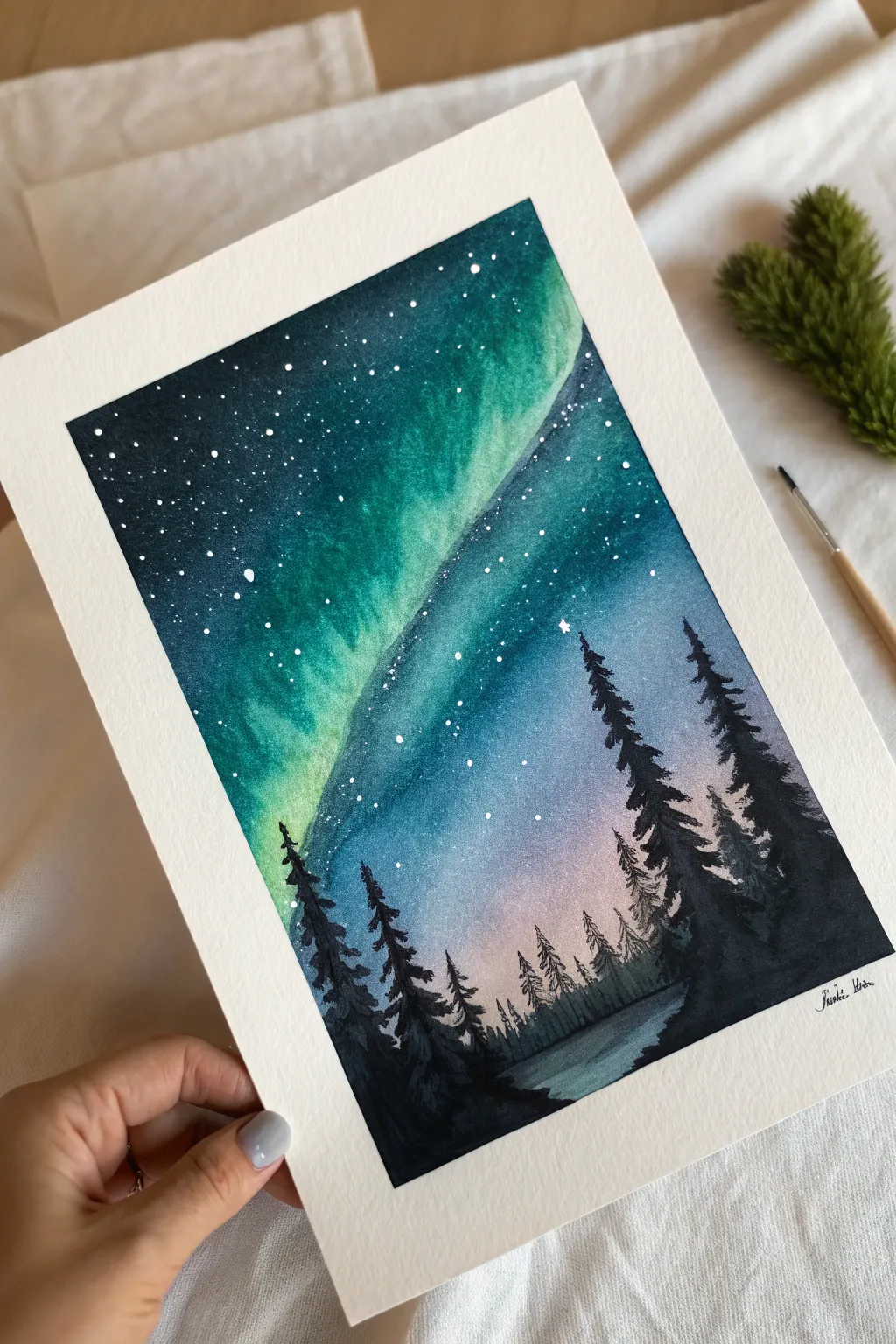 Paint a vivid teal aurora over midnight pines for a calm, high-contrast night sky scene