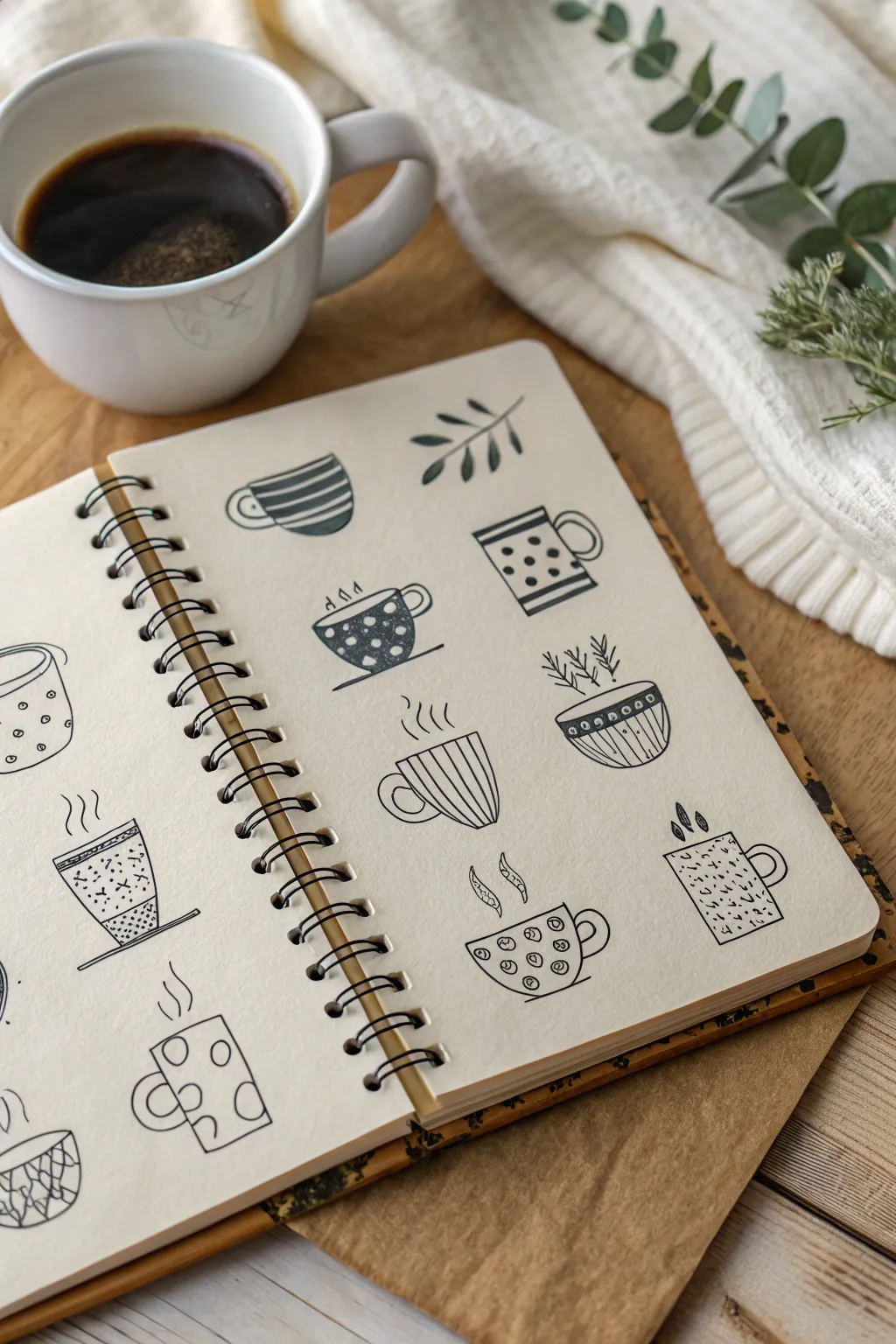 Cozy mug sketch variations for your notebook with clean lines, soft steam, and warm minimal style