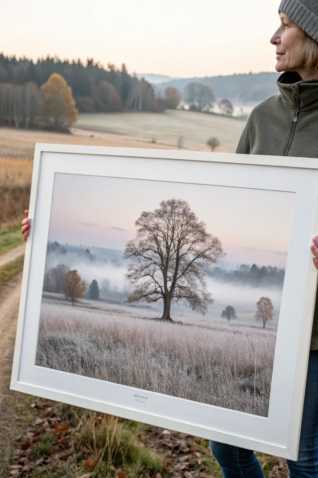 Misty November morning watercolor with soft fog and fading trees in calm minimalist tones