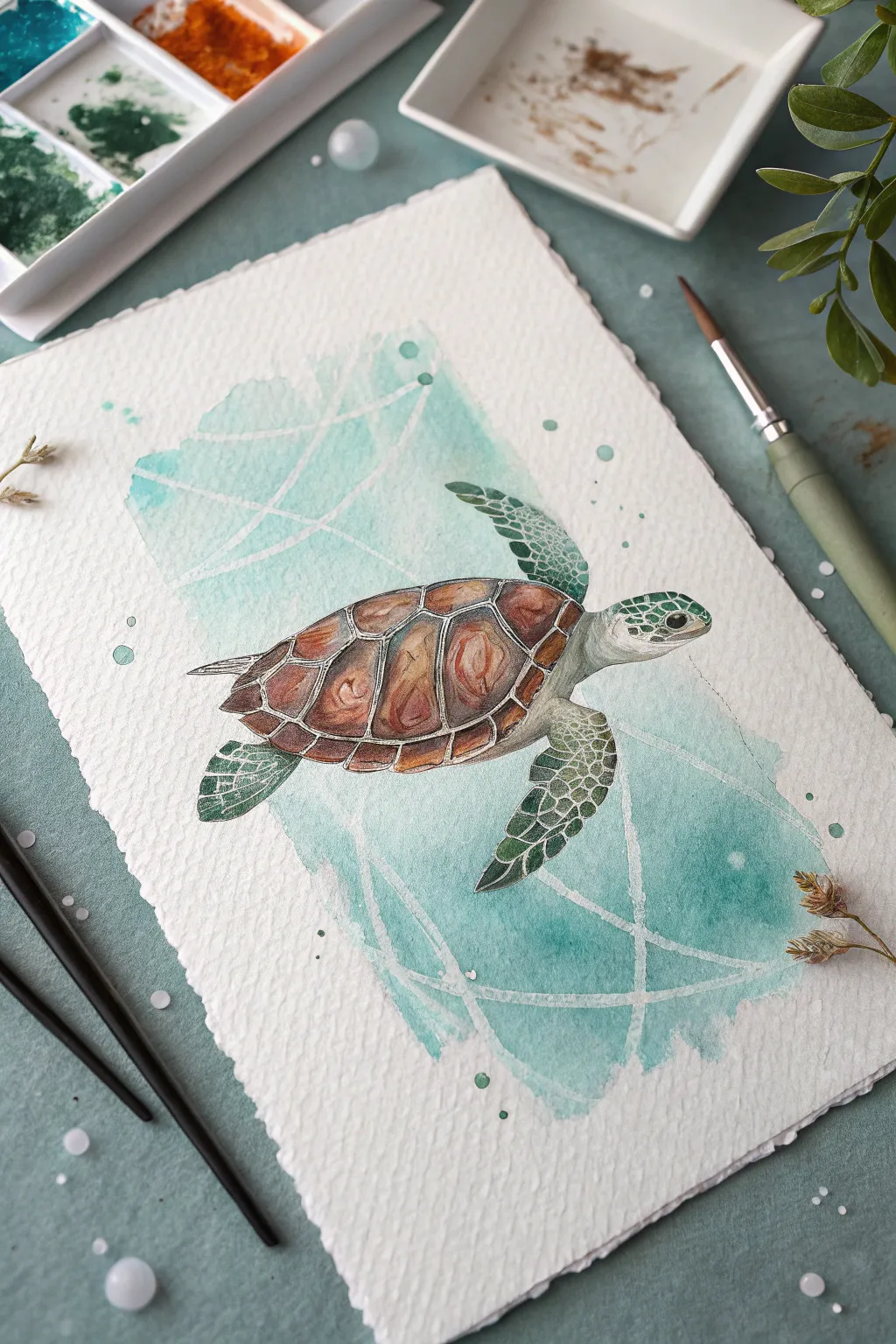 Sea turtle gliding in calm open water, minimalist ocean drawing idea with soft bubbles