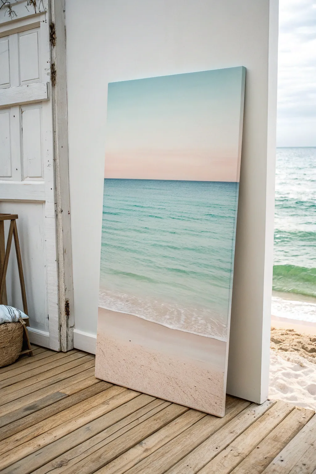 Calm beach horizon gradient mural idea in soft neutrals, minimalist and airy for serene spaces