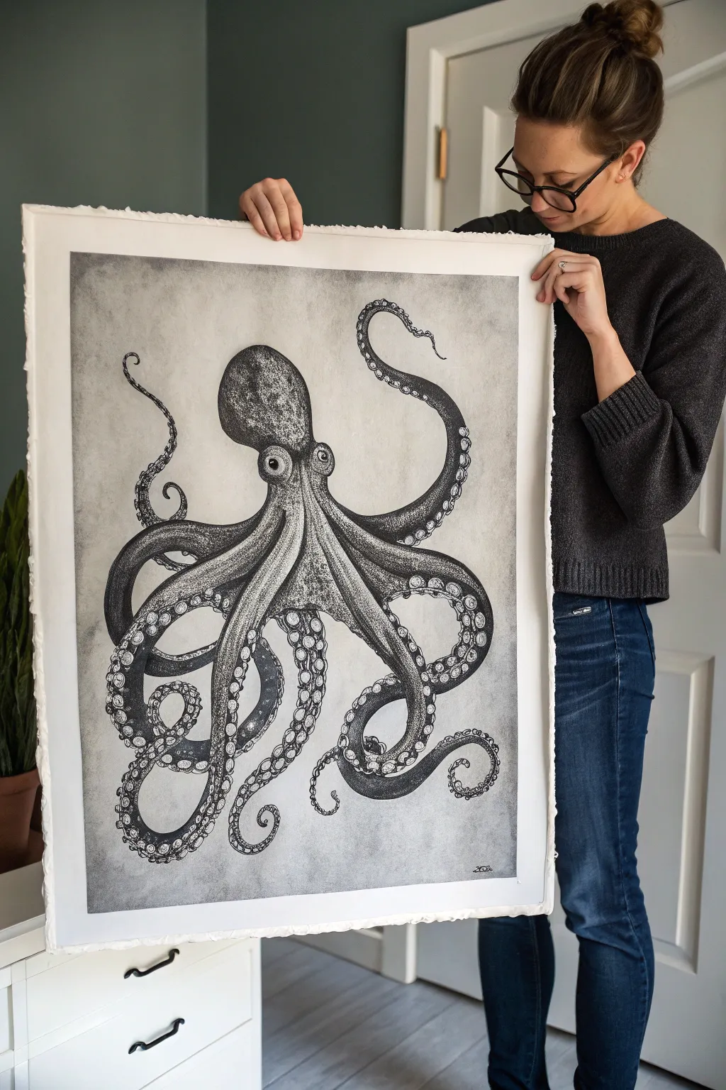 Monochrome octopus artwork with bold black ink and soft charcoal fades for modern drama.