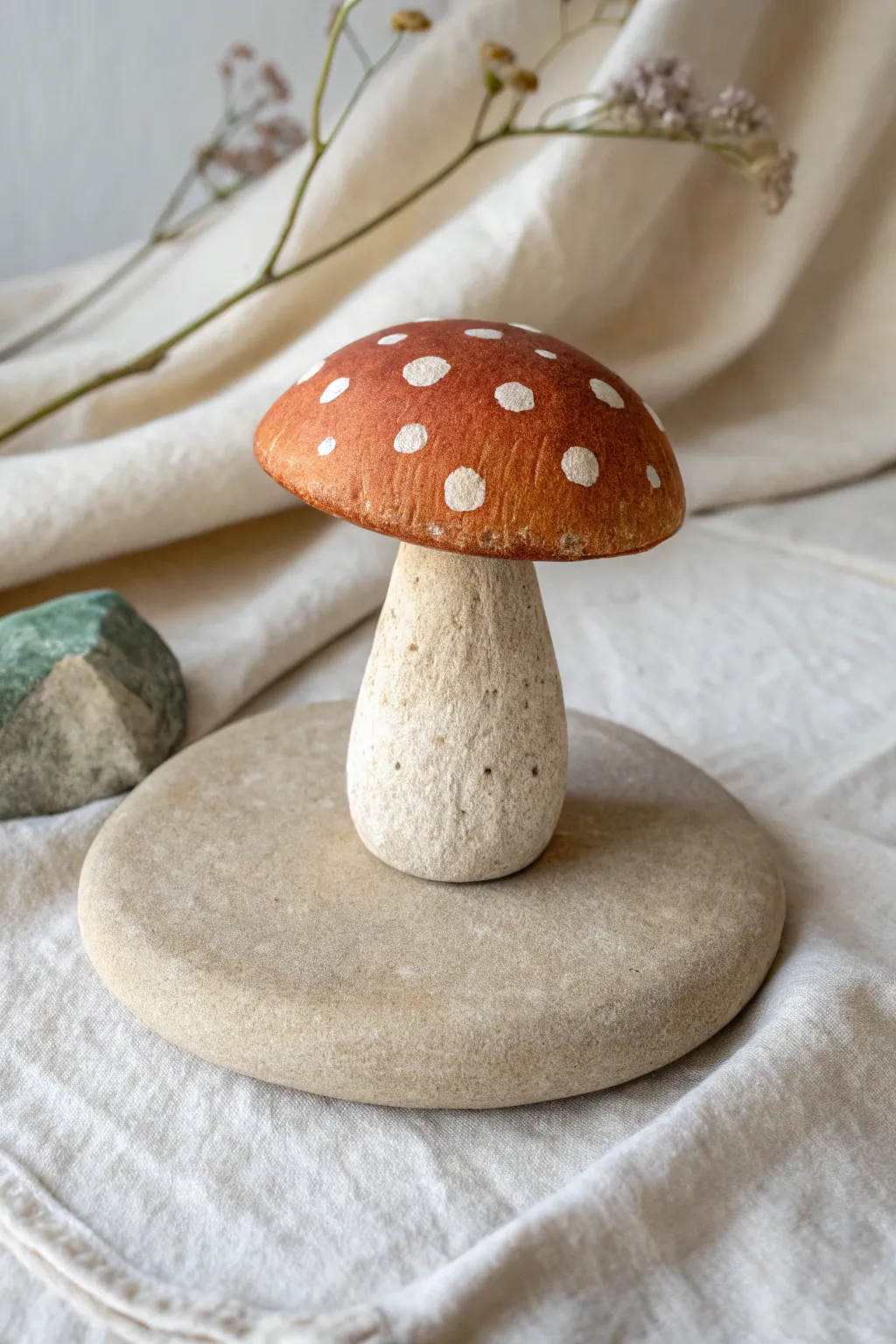 Odd-shaped rock mushroom with speckled cap and flat-base stem in calm Scandinavian boho style.